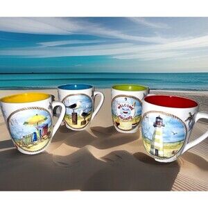 Set Of 4 Beach Theme Coffee Mugs Vintage Embossed Cape Shore Coastal Scene Cups